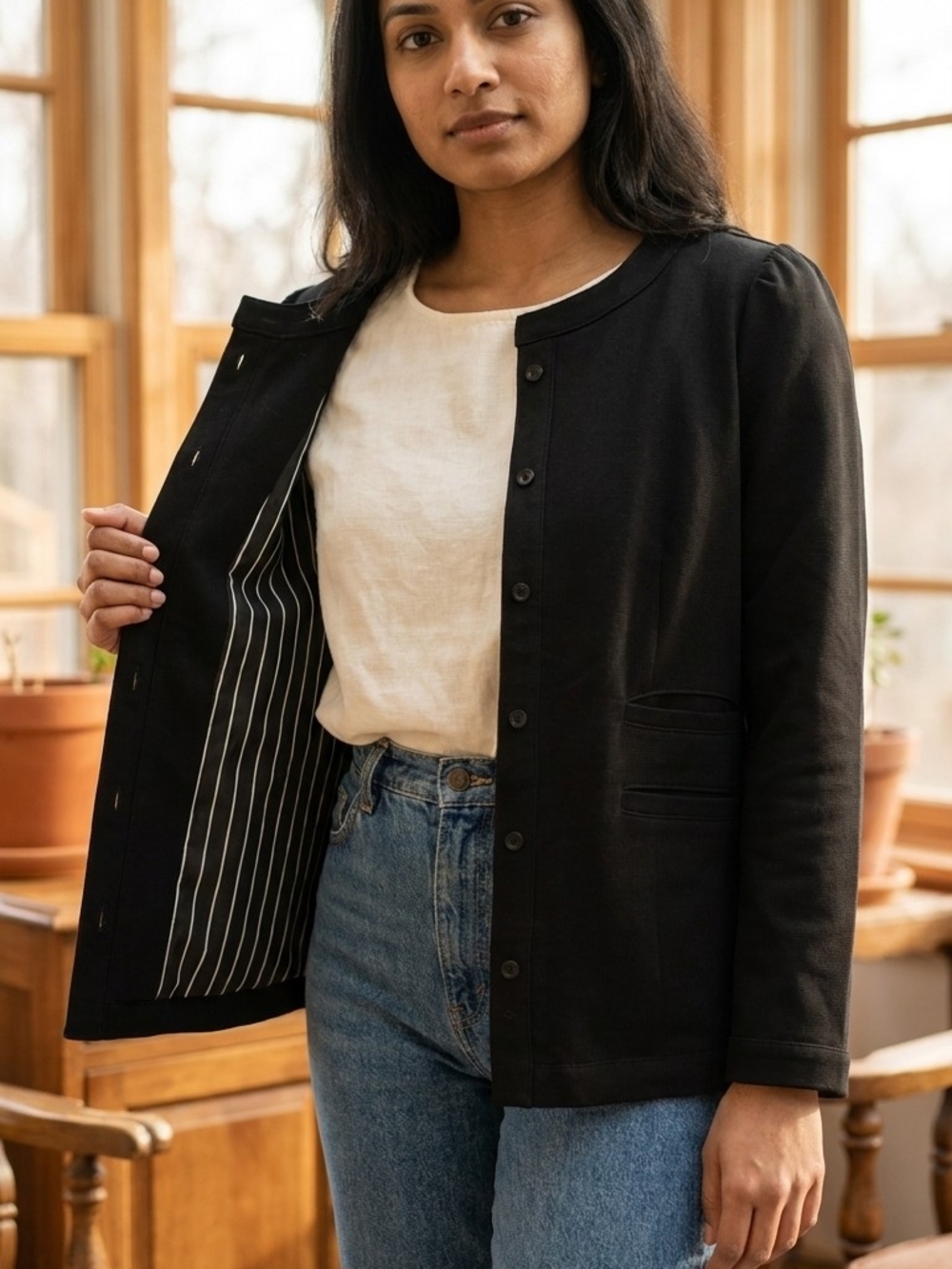 Classic Black Button-Front Women's Blazer Jacket